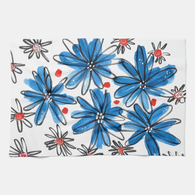 Weiß-blaue Blume Geschirrtuch (Horizontal)