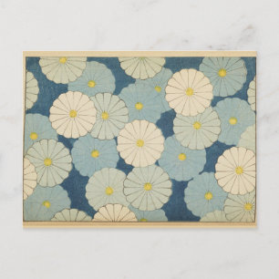 Weiß-blaue japanische Blumengestaltung auf einer P Postkarte