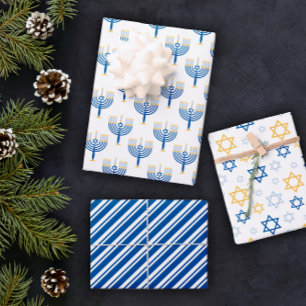 Weiß blaue und gelbe Mixed Hanukkah Muster Geschenkpapier Set