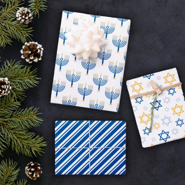 Weiß blaue und gelbe Mixed Hanukkah Muster Geschenkpapier Set (Von Creator hochgeladen)