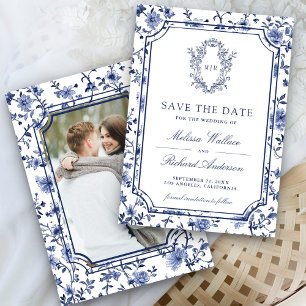 Weiß-blauer Chinoiserie-Wappen-Foto-Hochzeit Save The Date