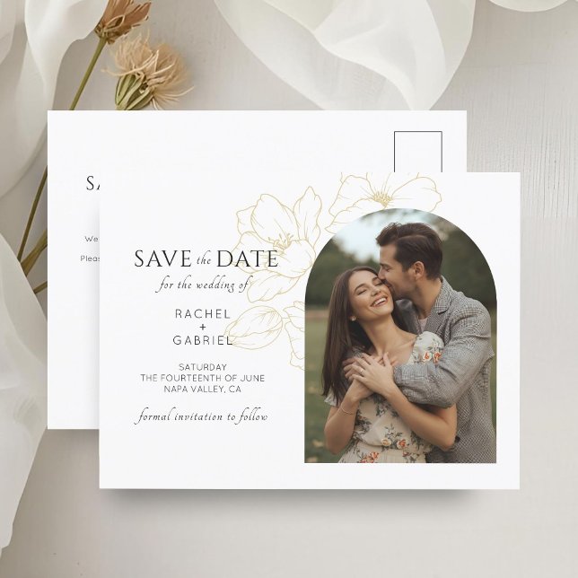 Weiß | Boho Arch Gold Floral Wedding Postkarte (Von Creator hochgeladen)