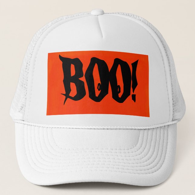 Weiß BOO! Trucker Hat in Orange und Black Design. Truckerkappe (Vorderseite)