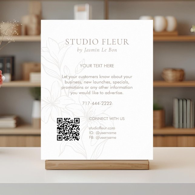 Weiß | Chic Floral Text Promotion QR Poster (Von Creator hochgeladen)