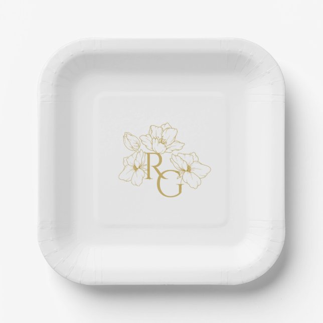 Weiß | Chic Imitats Gold Monogram Wedding Pappteller (Vorderseite)