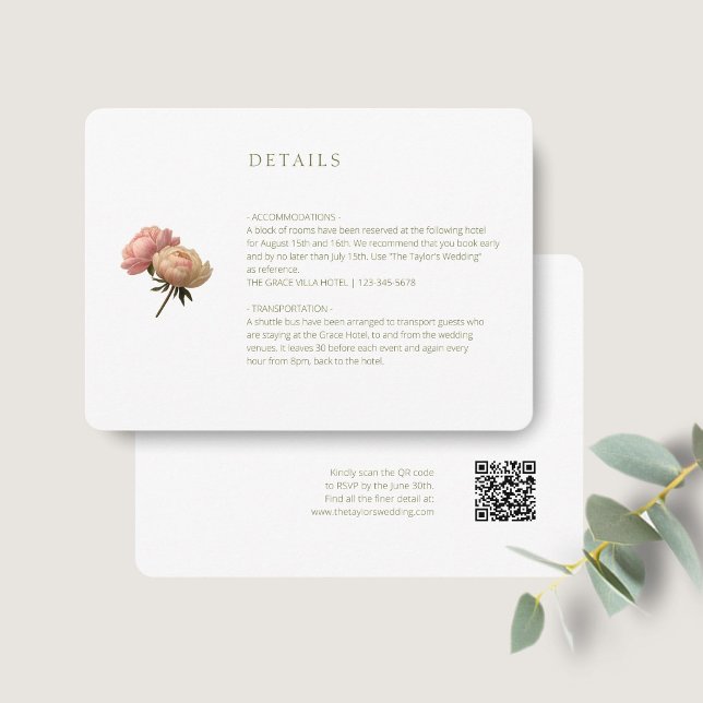 Weiß | Chic Rose Hochzeitdetails QR-Code Begleitkarte (Von Creator hochgeladen)
