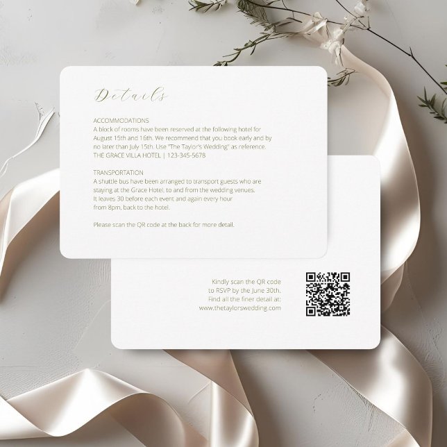 Weiß | Chic Script Wedding Detail QR Code Begleitkarte (Von Creator hochgeladen)