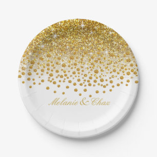Weiß der Glitzerconfetti-Dusche Gold Pappteller
