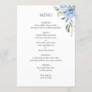 Weiß   Elegant Blue Beige Hydrangea Wedding Menükarte