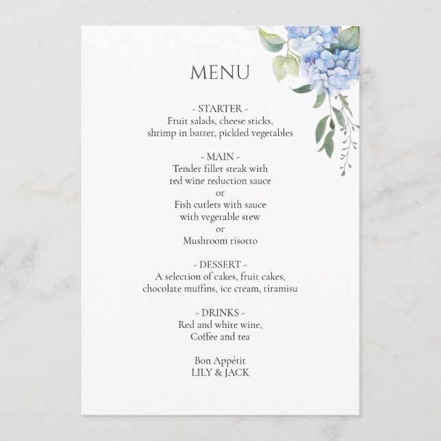 Weiß | Elegant Blue Beige Hydrangea Wedding Menükarte (Vorderseite)
