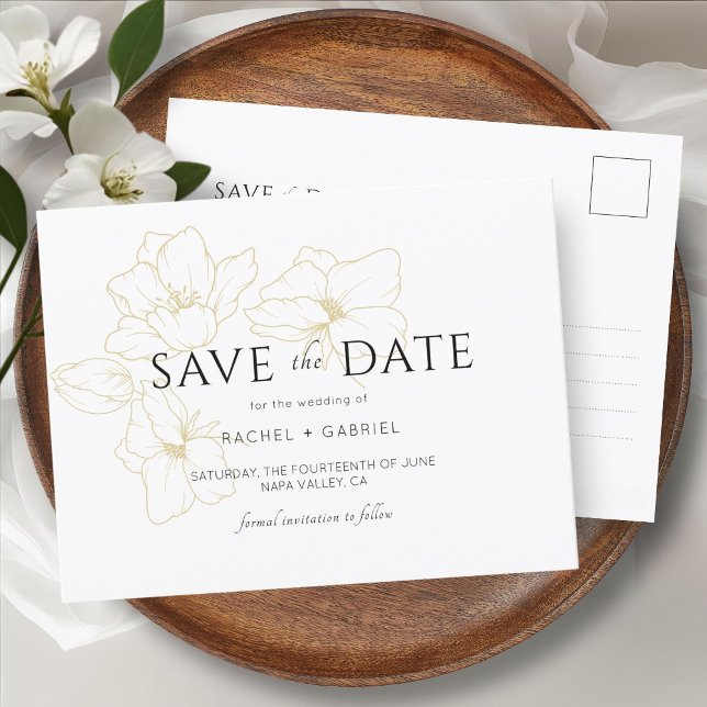 Weiß | Elegant Gold Floral Wedding Save the Date Postkarte (Von Creator hochgeladen)