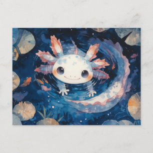 Weiß gefleckter Axolotl schwimmt in blauem Teich Postkarte