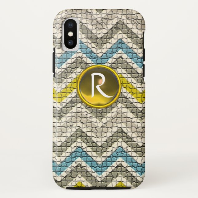 WEISS GELB, GRAU BLAU MOSAIC CHEVRONS GEM MONGRAMM Case-Mate iPhone HÜLLE (Rückseite)