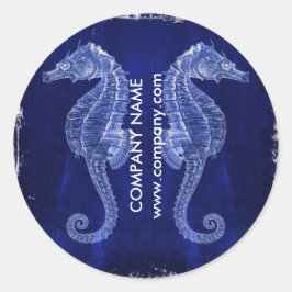 weiß getünchtes Holz nautisches blaues Seepferd Runder Aufkleber