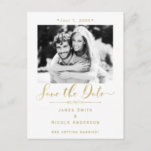 Weiß & Gold Foto Moderne Hochzeit Merken Sie sich Ankündigungspostkarte