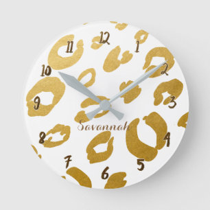Weiß & Gold Leopard Gepard Glamour Personalisiert Runde Wanduhr