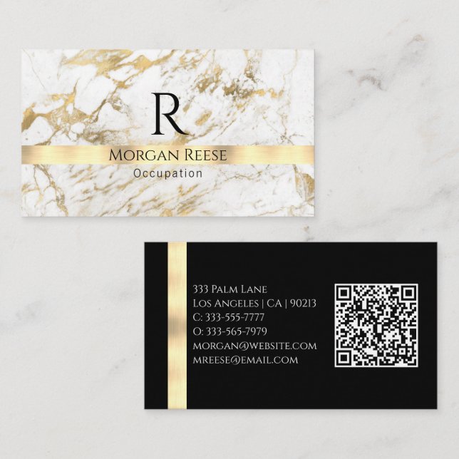 Weiß/Gold Marmor Generiere QR-Code Name & Monogram Visitenkarte (Vorne/Hinten)