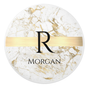 Weiß/Gold-Marmor, Gold-Bar, Schwarzer Name und Mon Keramikknauf