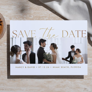 Weiß-Gold Schrift 3 Foto-Collage Hochzeit Save The Date
