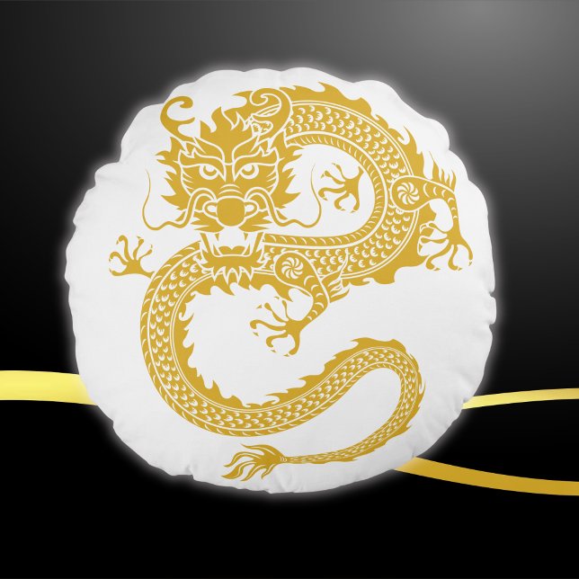 Weiß, Gold und Schwarz, chinesischer Drache Zodiac Rundes Kissen (Von Creator hochgeladen)