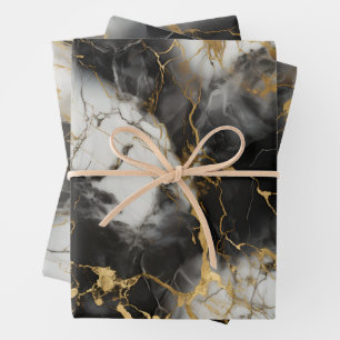 Weiß, Gold und Schwarz-Luxus-Marmor Elegant Geschenkpapier Set