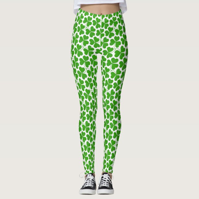 Weiß & grün St Patrick's Day Kleeblatt Muster Leggings (Vorderseite)