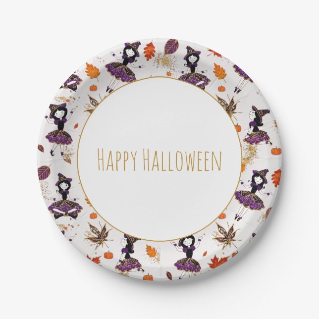 Weiß | Halloween Kleine Hexe Pappteller (Vorderseite)