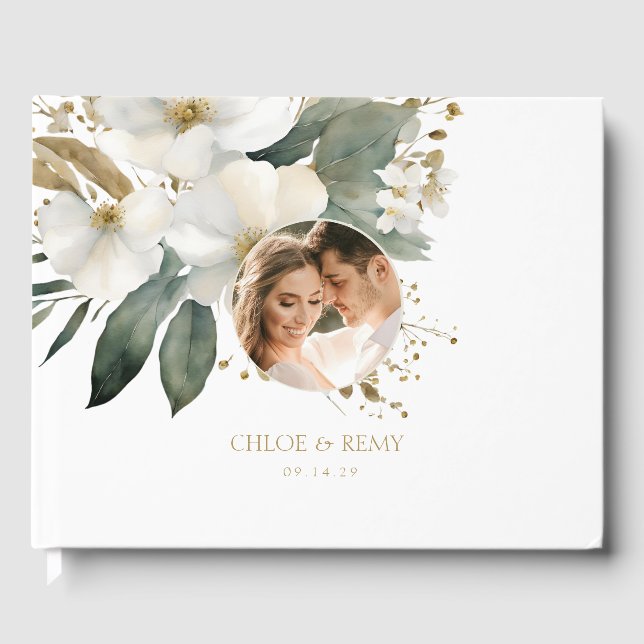 Weiß | Hochzeit von Aquarellblättern-Foto Gästebuch (Vorderseite)