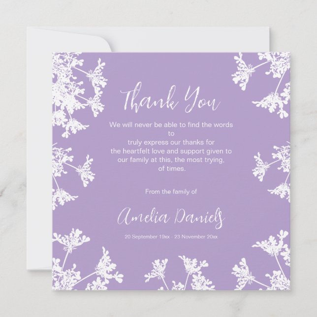 Weiß & lila Wildblume Beerdigung Danke Karte (Vorderseite)