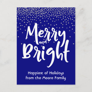 Weiß Merry und hell über Navy & Silver Confetti Feiertagspostkarte