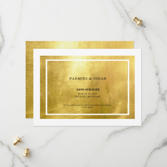 Weiß & Metallic Gold Save The Date (Vorderseite/Rückseite Beispiel)