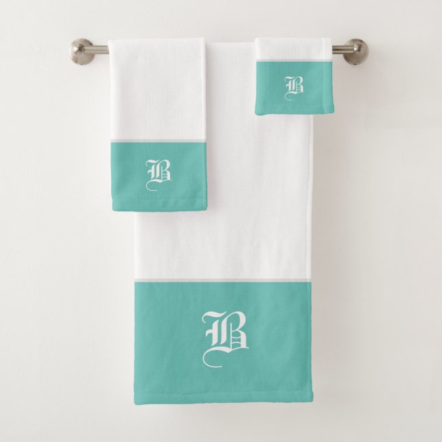 Weiß mit Aqua Green Grau Monogram Badtuch Set (Insitu)
