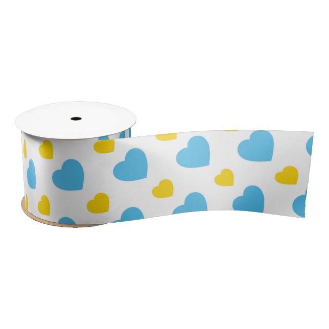 WEISS MIT BLAU & GELBEN HERZEN SATINBAND (Spule)