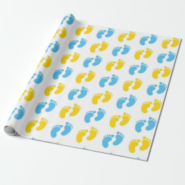 WEISS MIT BLUE & YELLOW BABY FEET GESCHENKPAPIER