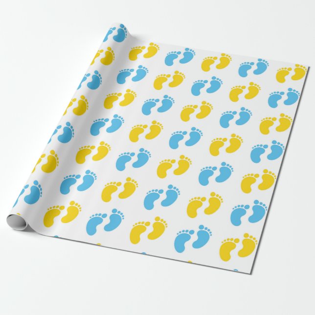 WEISS MIT BLUE & YELLOW BABY FEET GESCHENKPAPIER (Ungerollt)