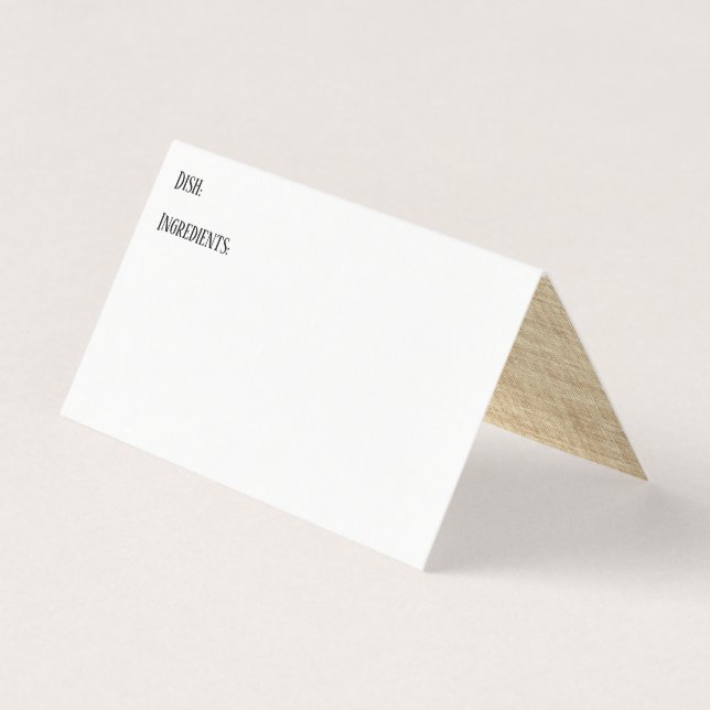 Weiß mit Burlap-Image im Inneren Rezept Zelt-Karte Visitenkarten (Vorderseite)