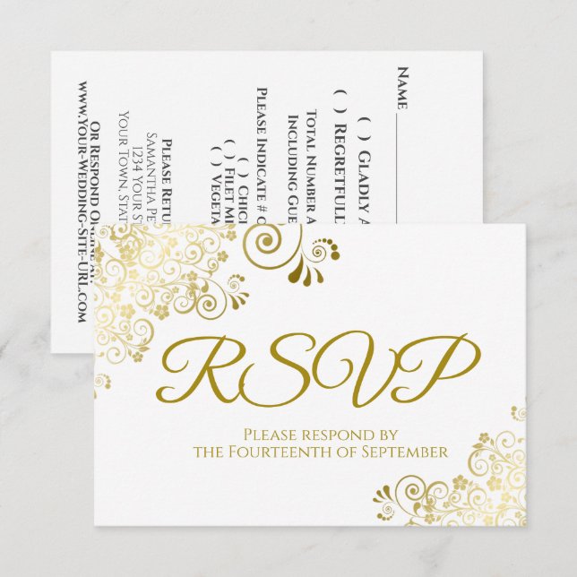 Weiß mit elegantem Gold Lace Frilly Wedding RSVP Karte (Vorne/Hinten)