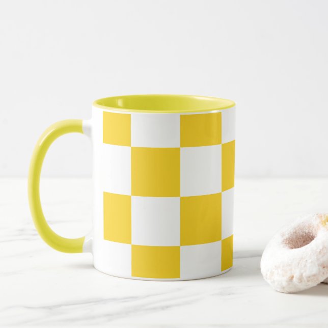 Weiß mit gelbem Quadrat Muster 11 oz Combo Tasse (Mit Donut)