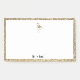 Weiß mit Gold Glitzer Flamingo & Border + Name Post-it Klebezettel