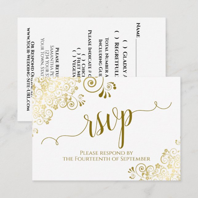 Weiß mit Gold Lace Elegante kalligraphische Hochze RSVP Karte (Vorne/Hinten)