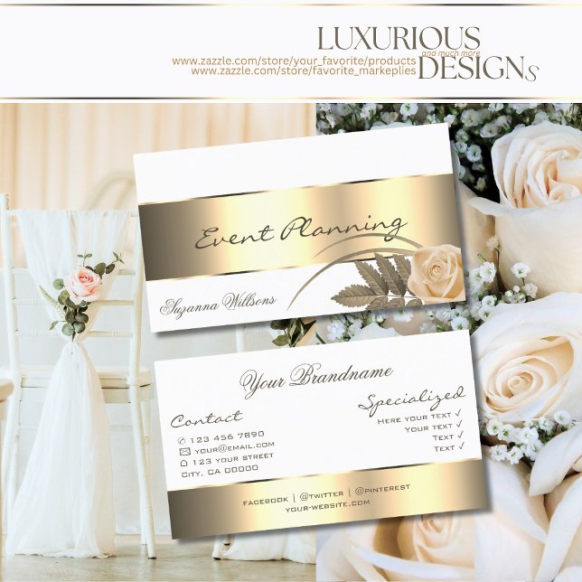 Weiß mit Golddekor und Niedliche Rose Blume Modern Visitenkarte (Von Creator hochgeladen)