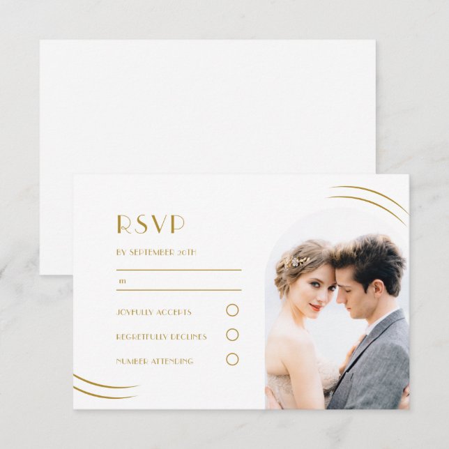 Weiß mit Golden Wisps Foto Hochzeit RSVP Karte (Vorne/Hinten)