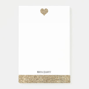 Weiß mit goldenem Kunstglitter-Herz und -Rahmen Post-it Klebezettel