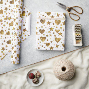 Weiß mit goldenen funkelnden Herzen Geschenkpapier