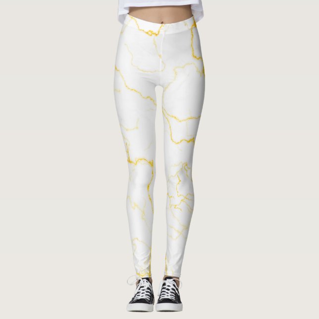 Weiß mit goldfarbenem Marmormuster Leggings (Vorderseite)
