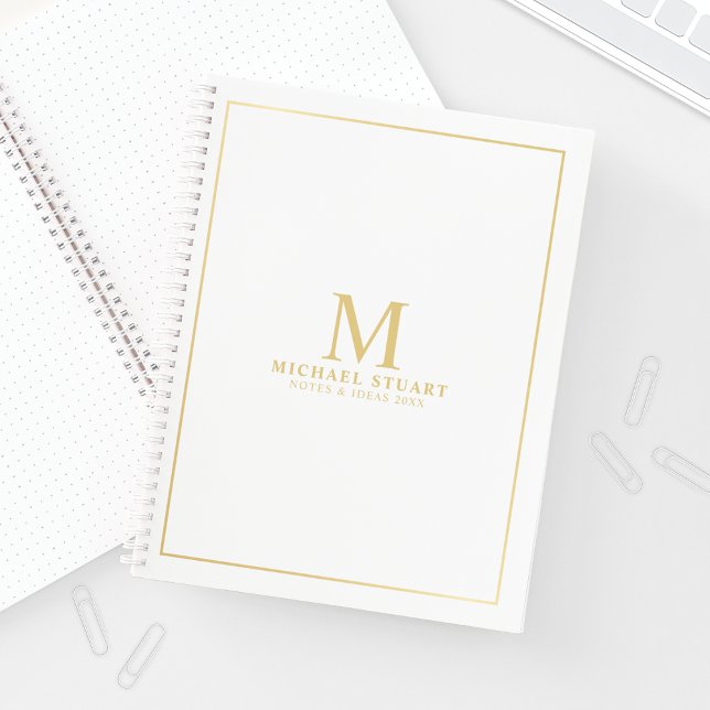 Weiß mit goldfarbenem Monogramm und Personalisiert Notizbuch (Von Creator hochgeladen)