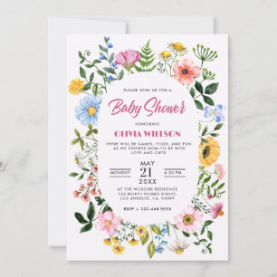 Weiß mit grünem Blumenrahmen Babydusche Einladung
