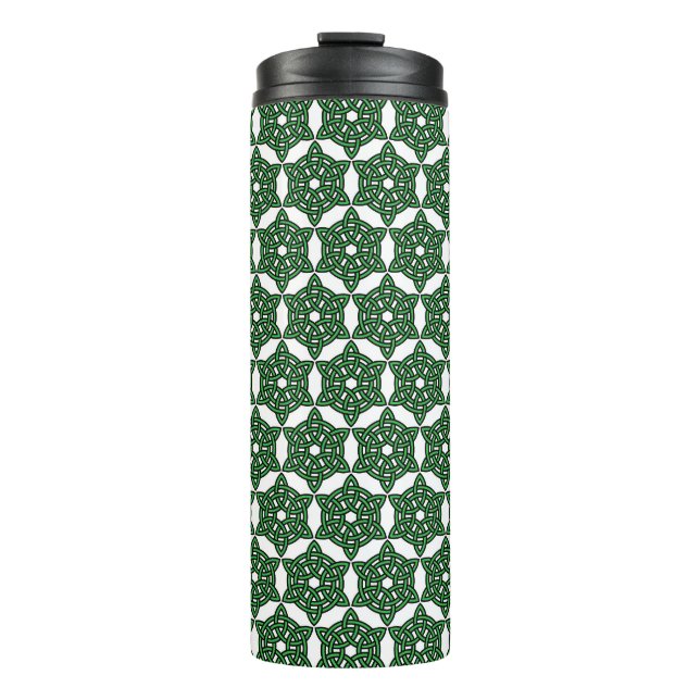 WEISS MIT GRÜNEN IRISCHEN KNOTENPATTERN THERMOSBECHER (Vorderseite)