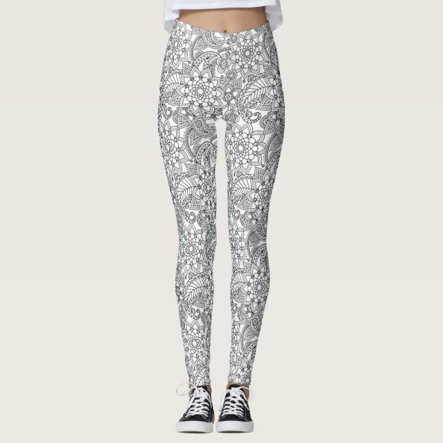 Weiß mit hellgrauem, floralfarbenem Muster Leggings (Vorderseite)