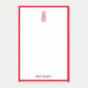 Weiß mit/hellroter Ananas und Grenze + Name Post-it Klebezettel